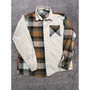 boohooMAN Mens XL Patchwork Plaid Button Up Shirt Cream Green Brown Colorblock